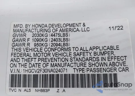 2022 Honda Accord Sport 2.0T z USA, uszkodzony, nr VIN 1HGCV2F30NA024071